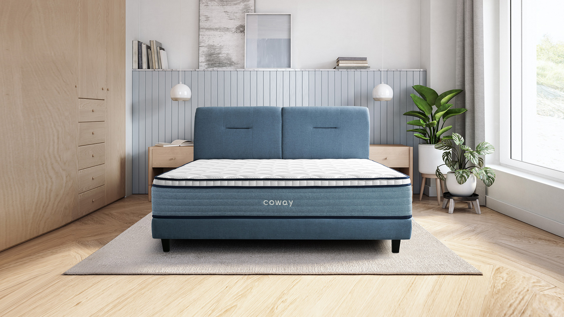 Mattress Ecolite with bed frame in a bright modern bedroom