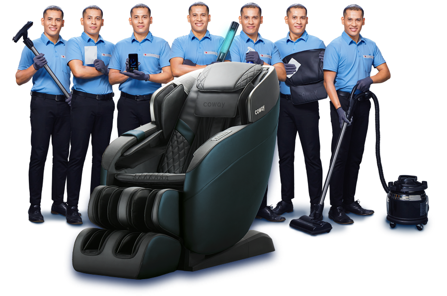 Coway technicians providing massage chair care service