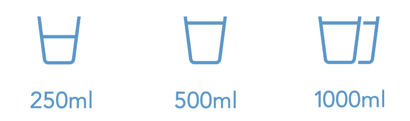 Volume options of 250ml, 500ml and 1000ml