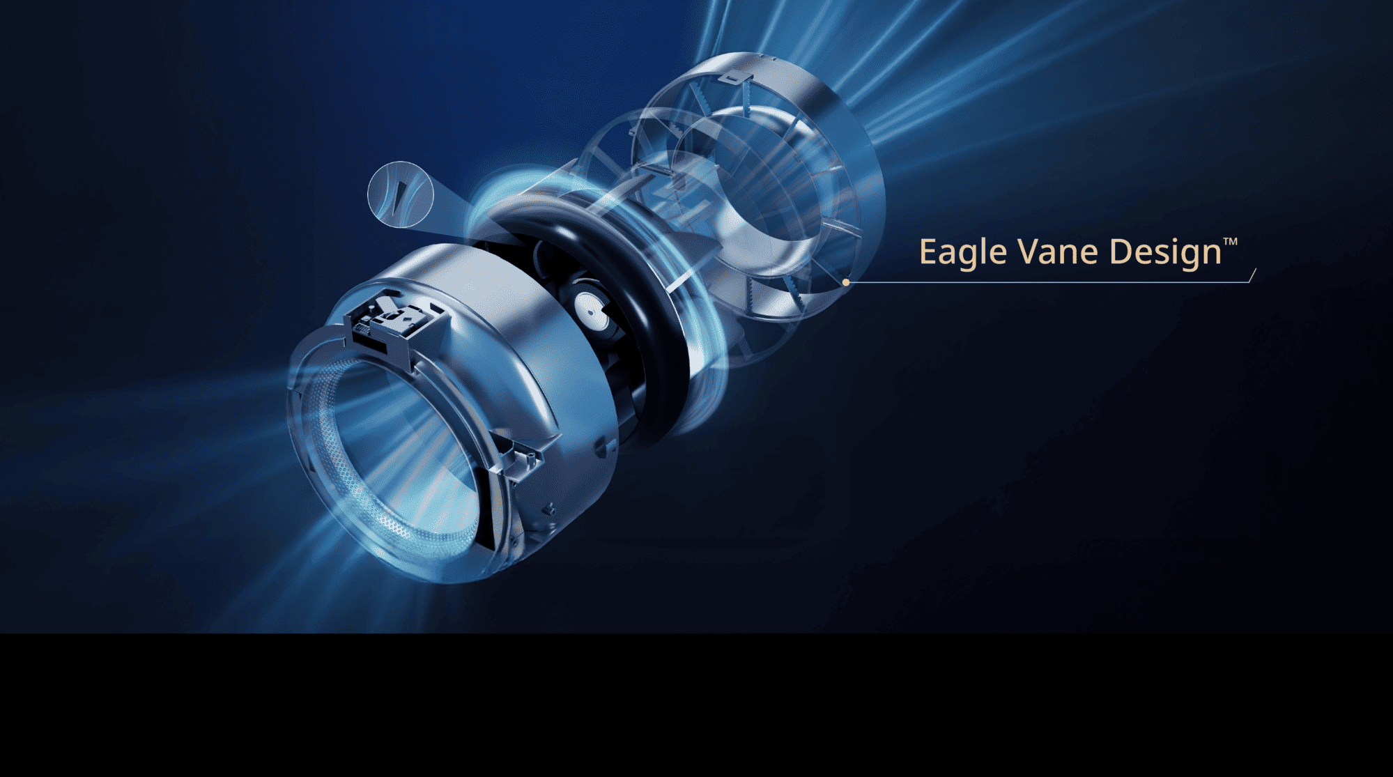 Cutaway of the Coway Suite Eagle Vane Design fan that powers HyperVortex airflow