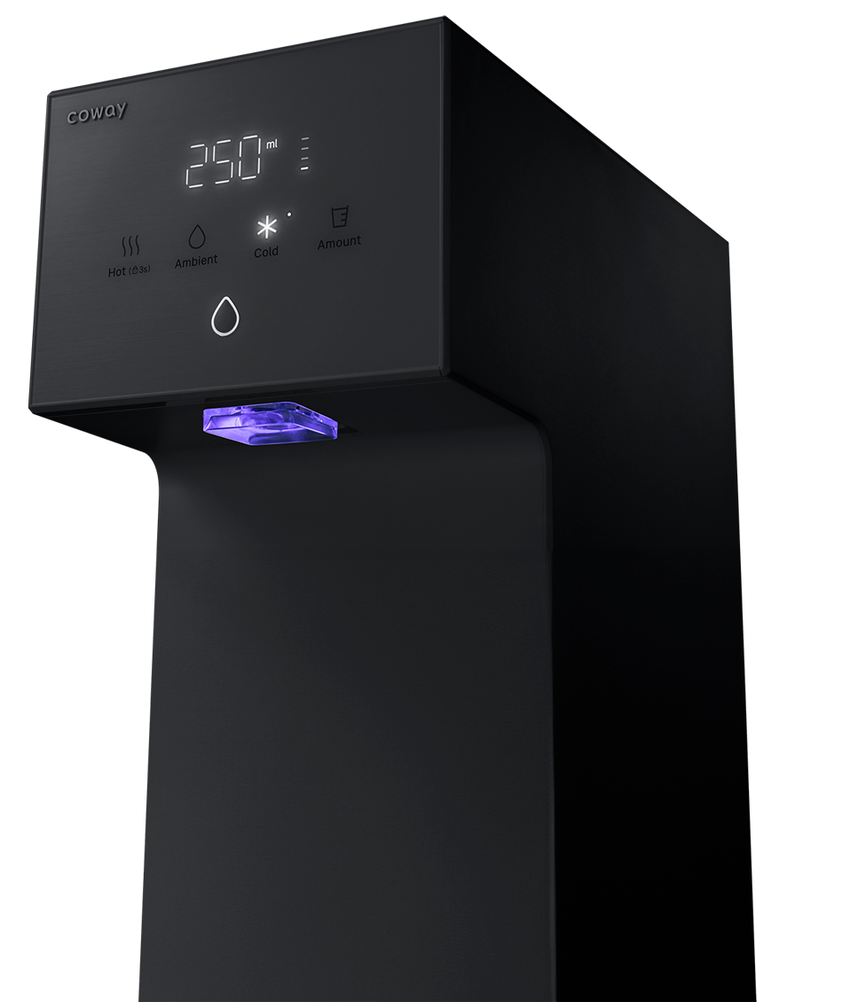 The Coway Dazzie faucet glowing as it UV sterilises