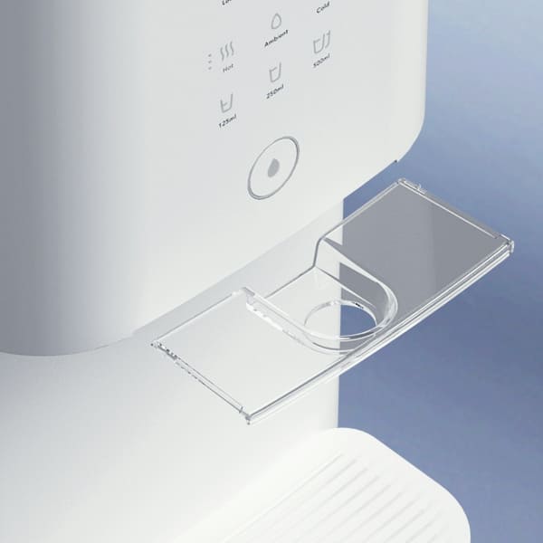 The transparent detachable bottom tray of the Coway Glaze pulled out