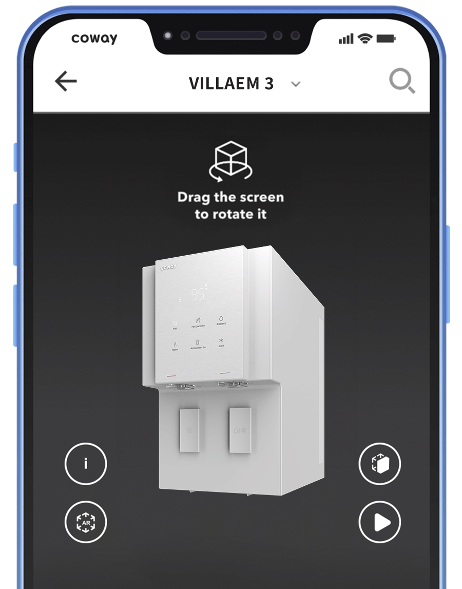 The Coway AR app showing the Villaem III rendered in 3D