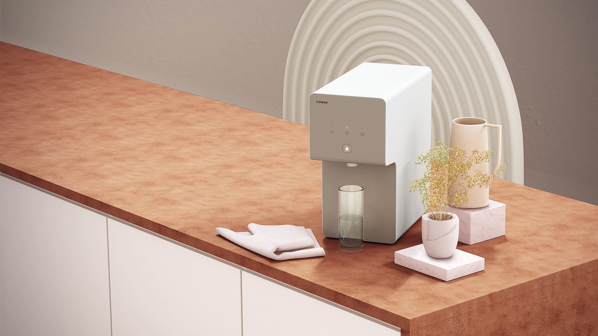 Coway Cinnamon water purifier with internal booster pump on a kitchen counter