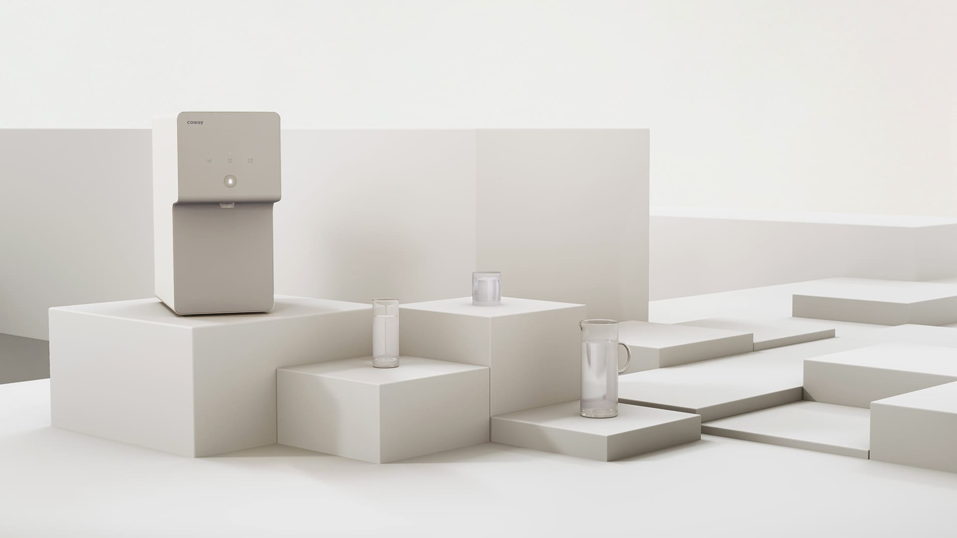 Coway Cinnamon on a podium beside glasses and a jug of water at different volumes