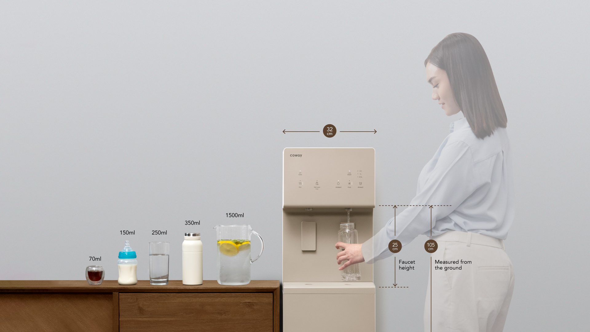 Coway Core Plus with ergonomic faucet height, dispensing water into a bottle at a comfortable position