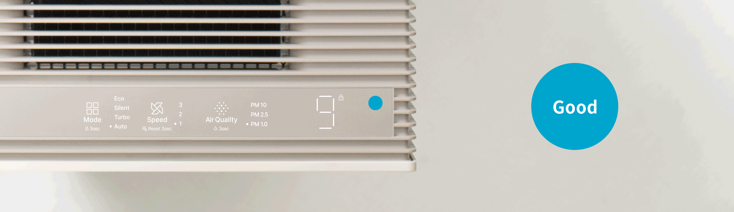 Coway Atrium control panel with a colour-coded air quality indicator showing a Good reading