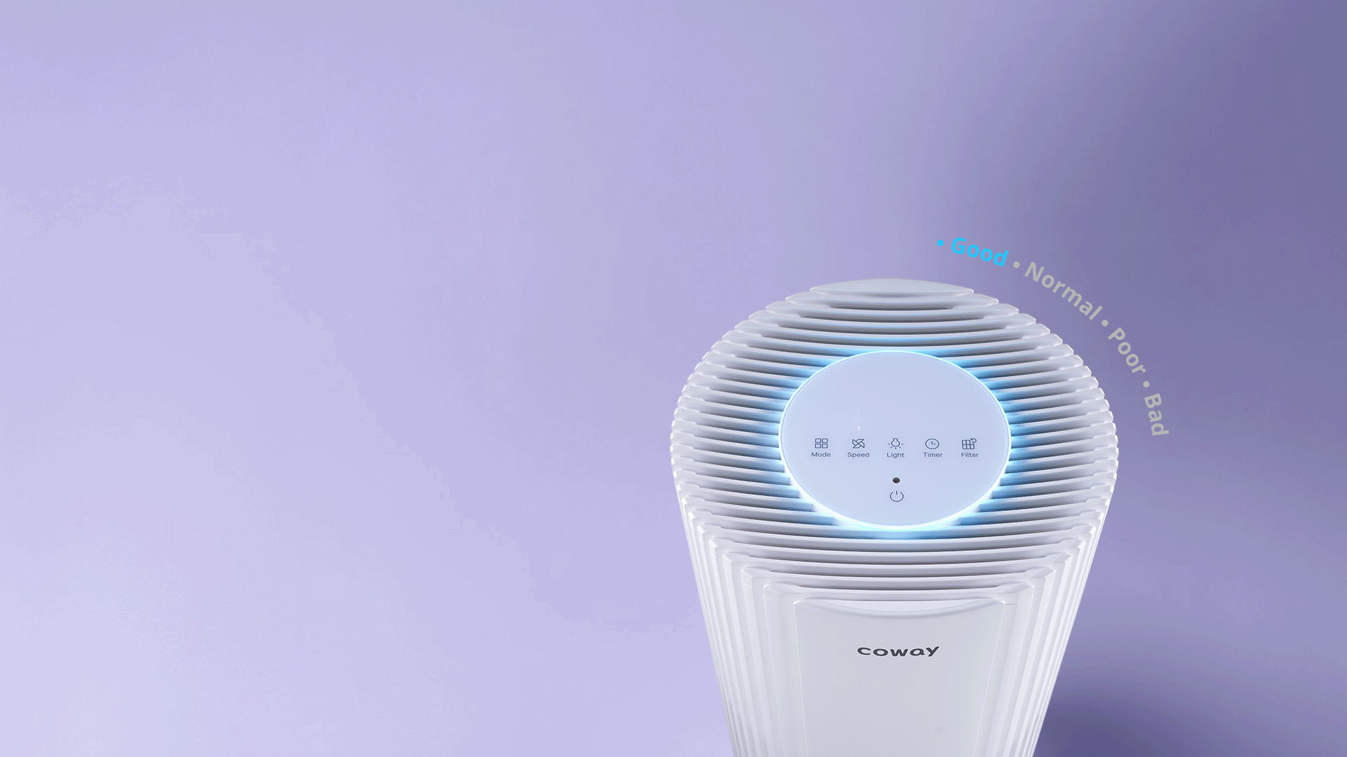 The Coway Studio top panel glowing to show the current air quality