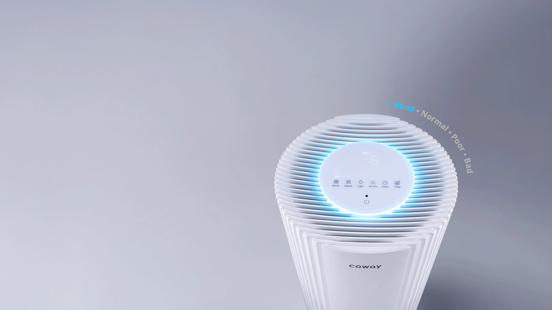 The Coway Suite top panel glowing to show real-time air quality from Good to Normal, Poor and Bad