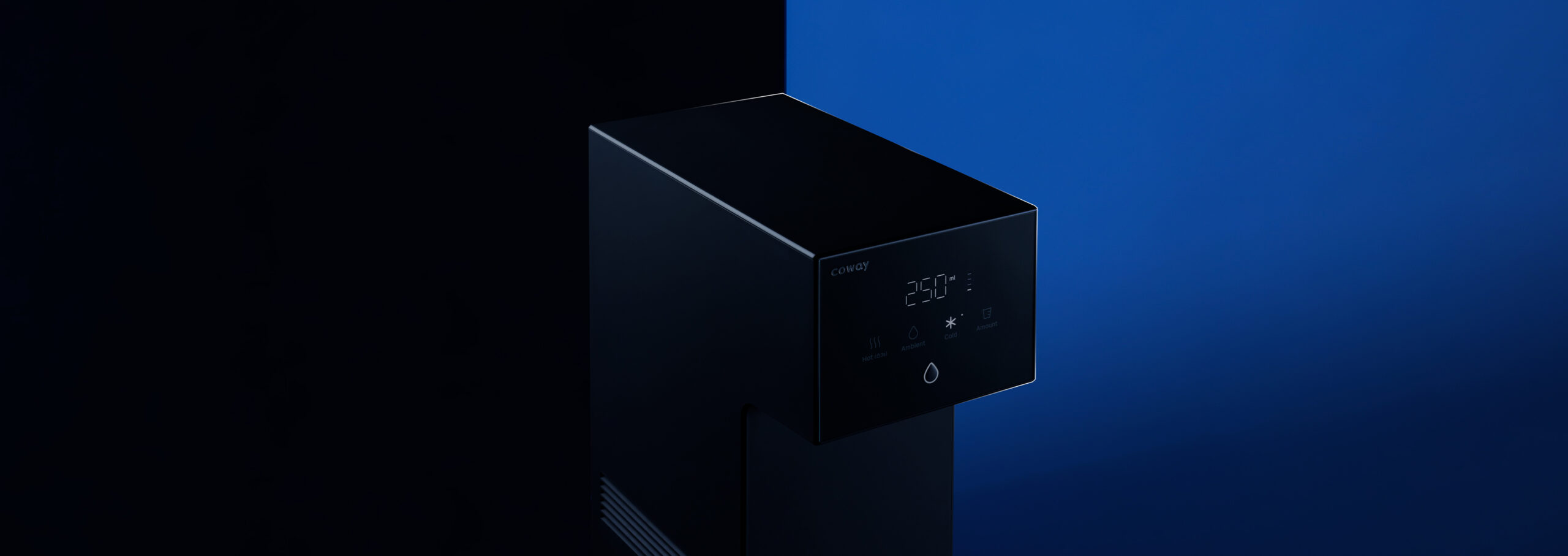 Coway Dazzie water purifier lit against a deep blue backdrop