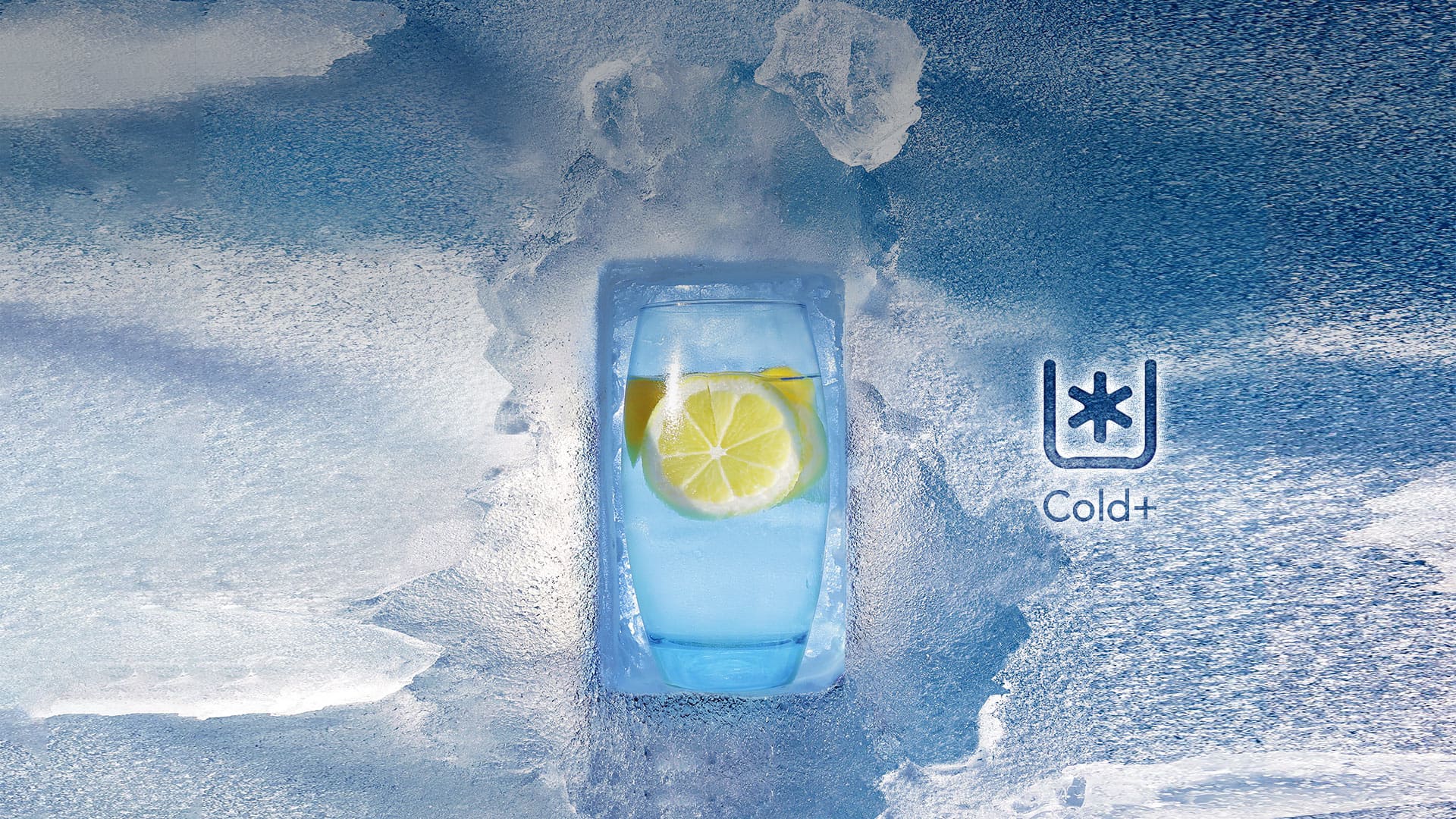 A chilled glass of lemon water on a bed of ice, with the Coway Cold Plus icon