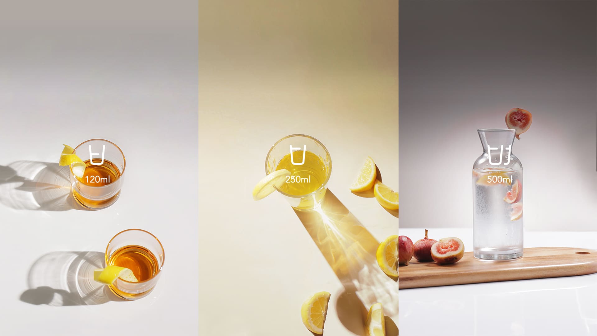 Three drink sizes from the Coway Glaze, labelled 120ml, 250ml and 500ml