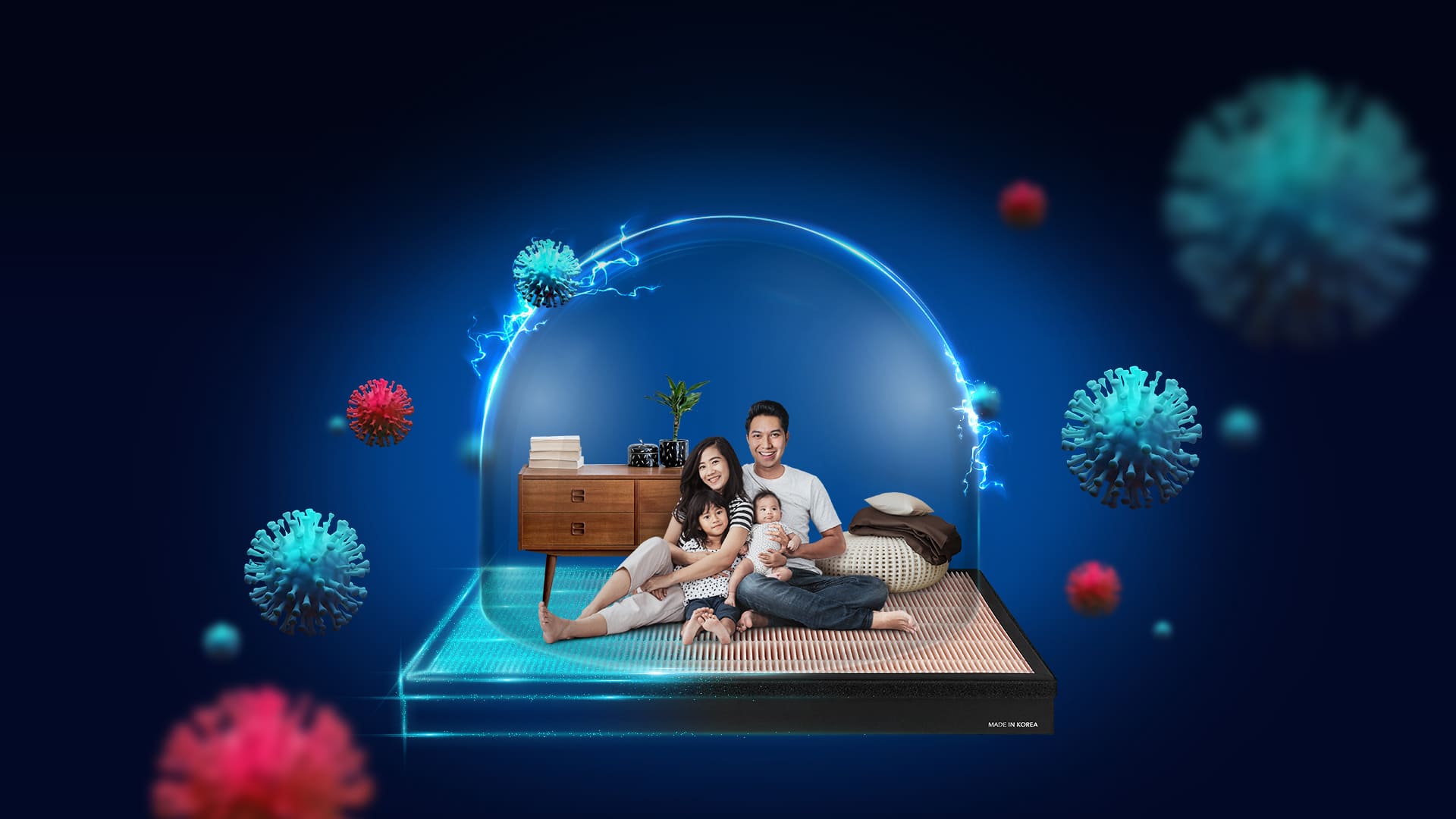 A family seated within a protective dome, surrounded by virus particles, illustrating the Coway Double HEPA Filter