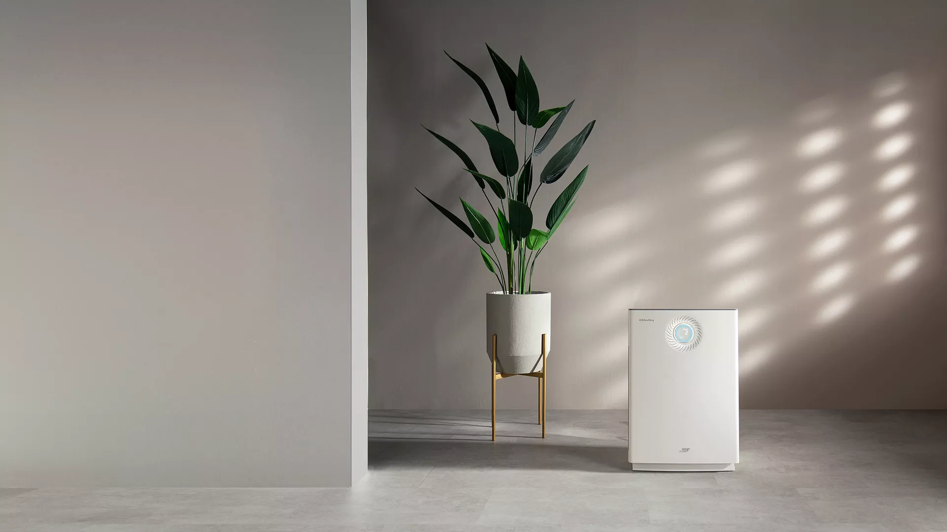 Coway Lombok III air purifier beside a potted plant in a bright, minimalist room