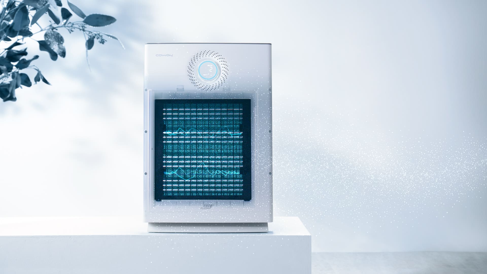 Close-up of the Coway Lombok III RBD Plasma filter glowing blue
