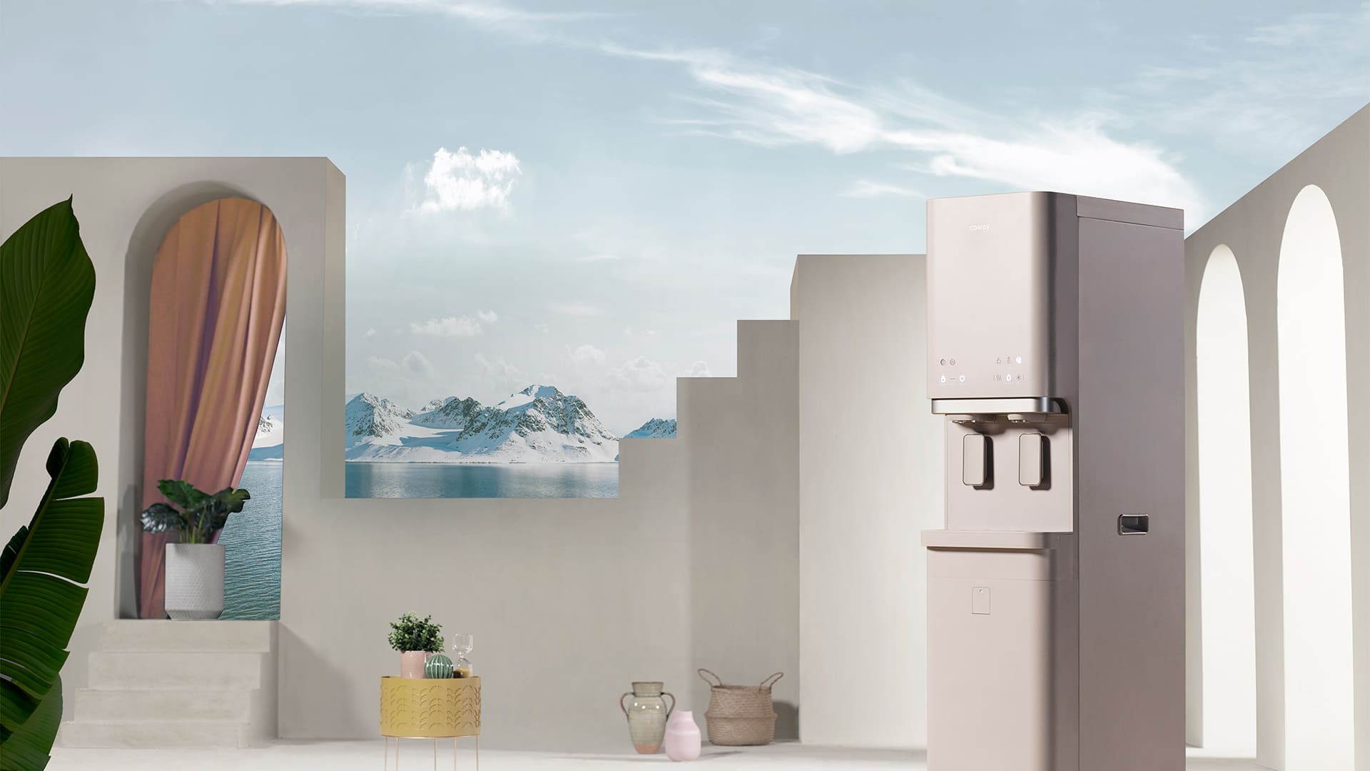The Coway Lucy Plus in a bright, minimalist room with a coastal view