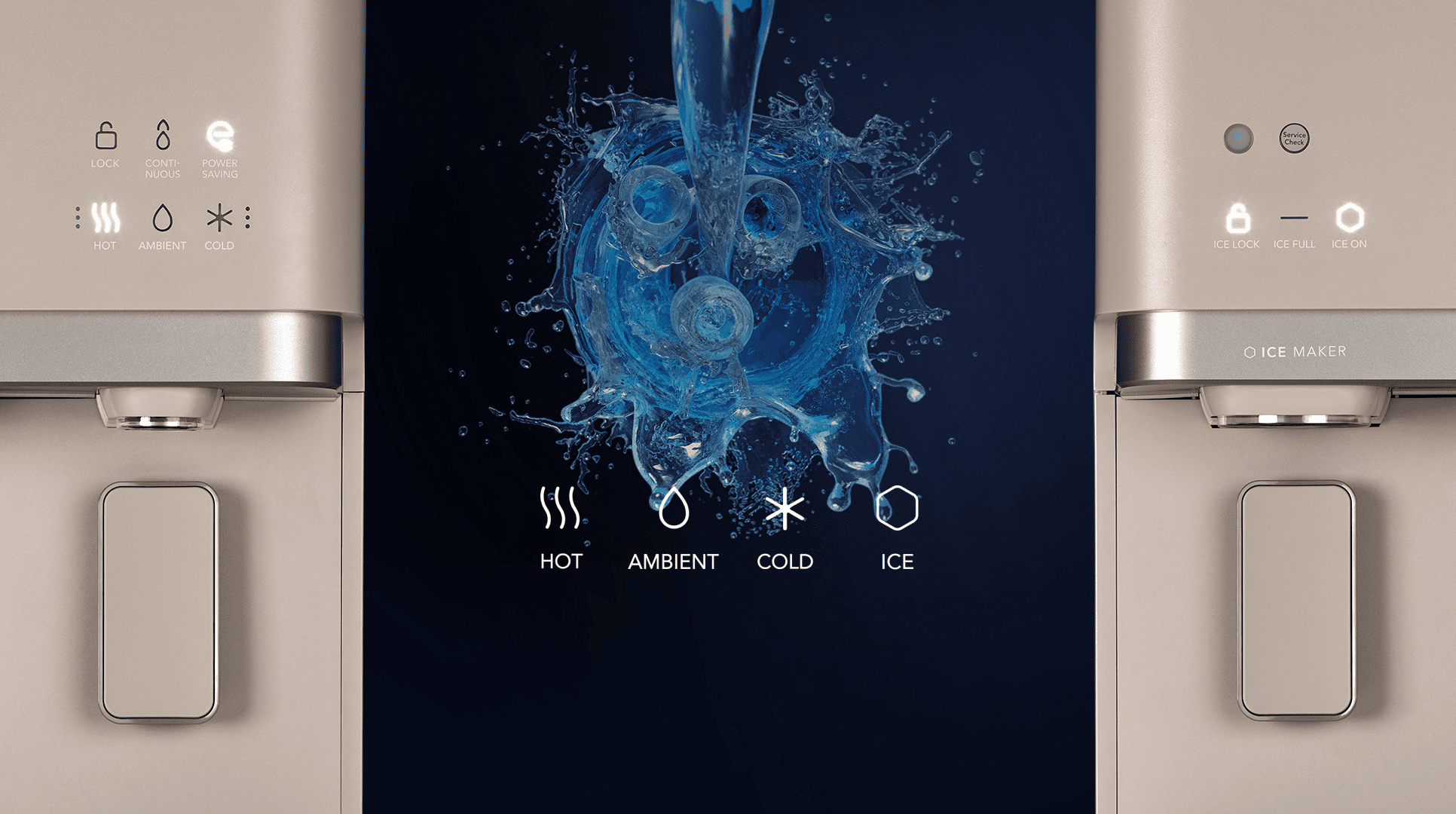Coway Lucy Plus dispensing hot, ambient, cold and ice options, with a water splash