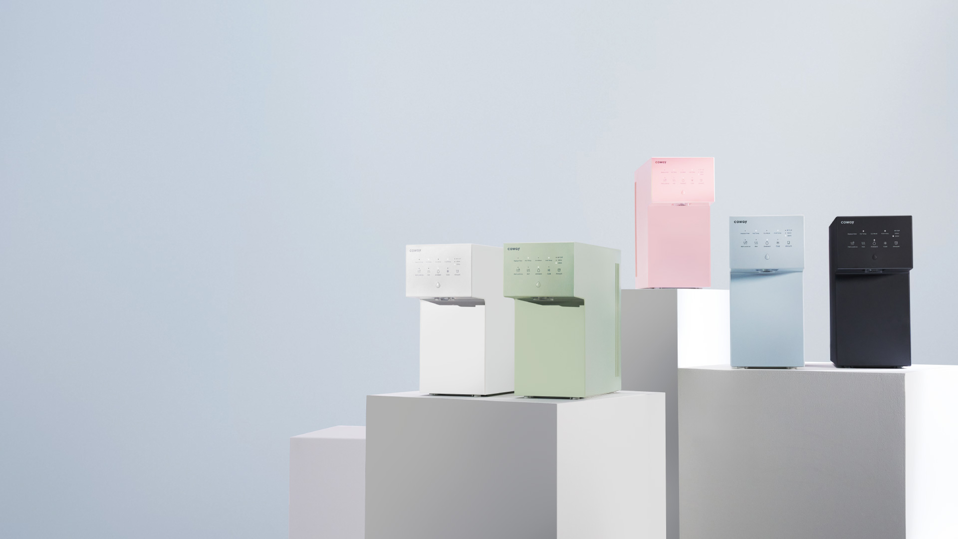 The five Coway NeoN colours displayed on pedestals