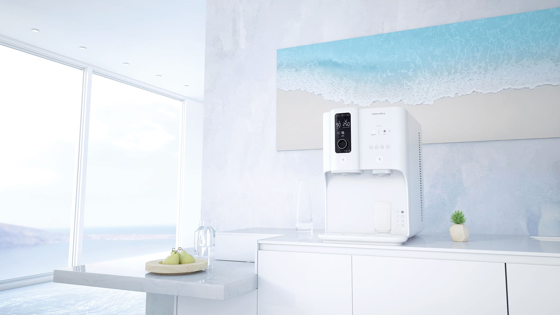 Coway Ombak water purifier on a bright marble counter beside a window, with a wave motif on the wall