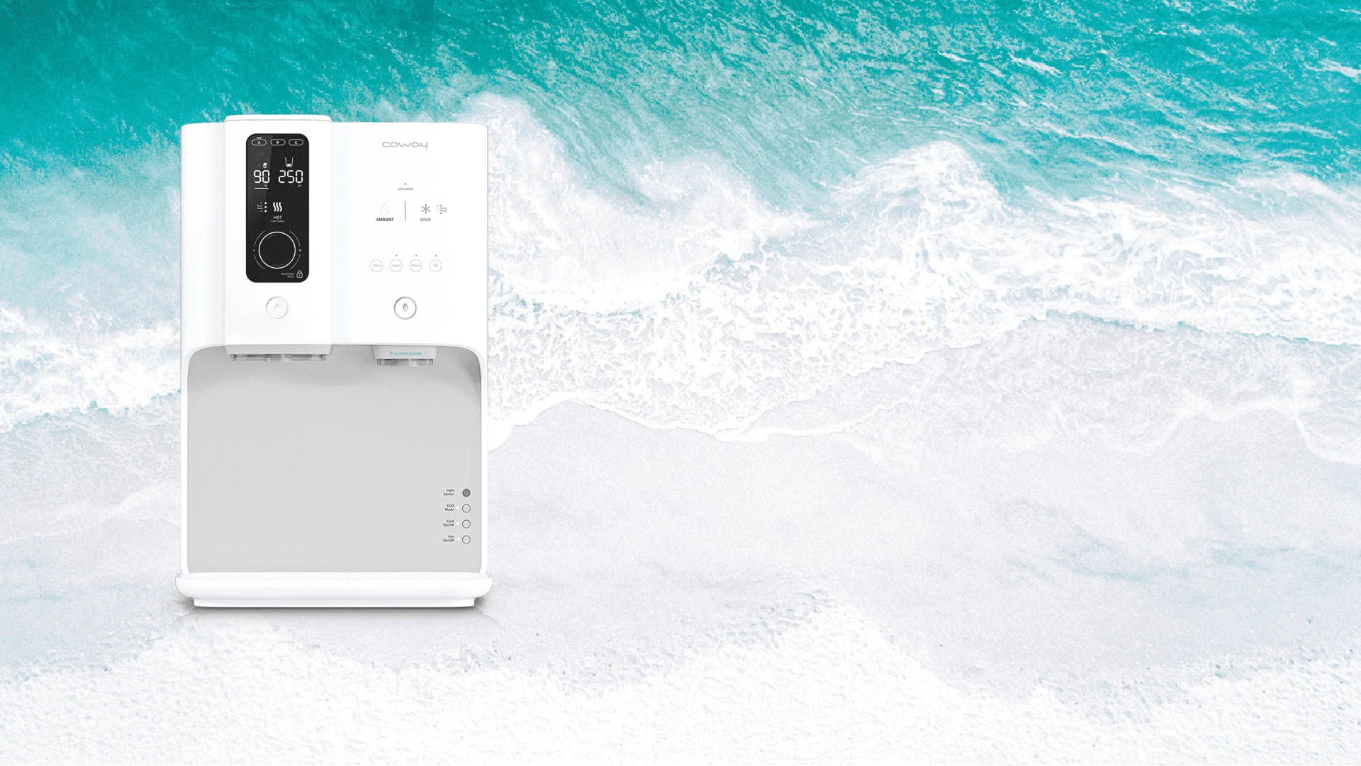 Coway Ombak water purifier set against a turquoise wave washing over white sand