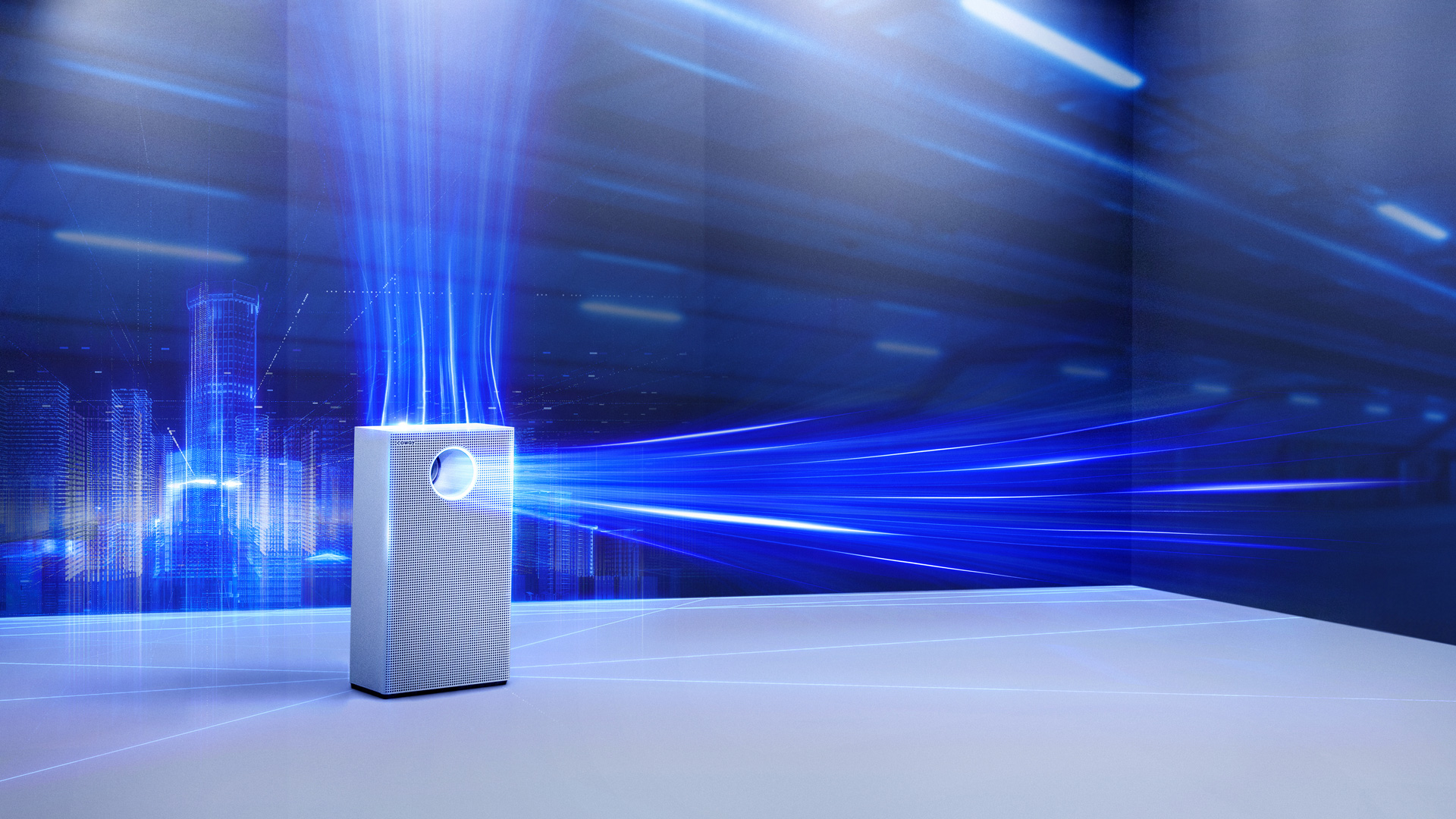 Coway Storm II air purifier driving streams of clean air across a dark blue studio