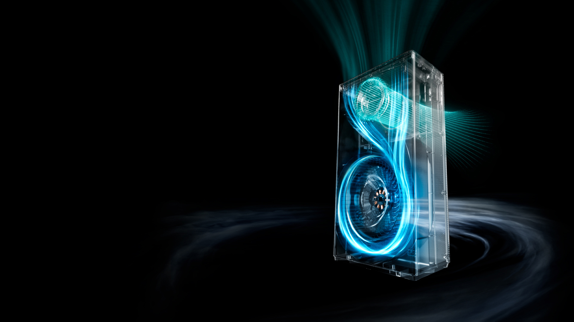 Cutaway view of the Coway Storm II turbo fan glowing inside a transparent air purifier