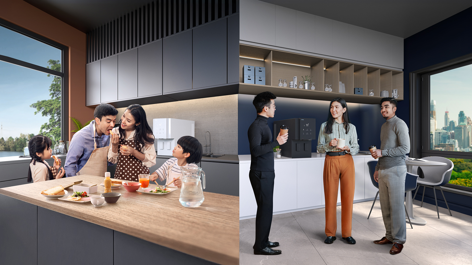 A family enjoying breakfast and colleagues sharing drinks, both with the Coway Villaem III