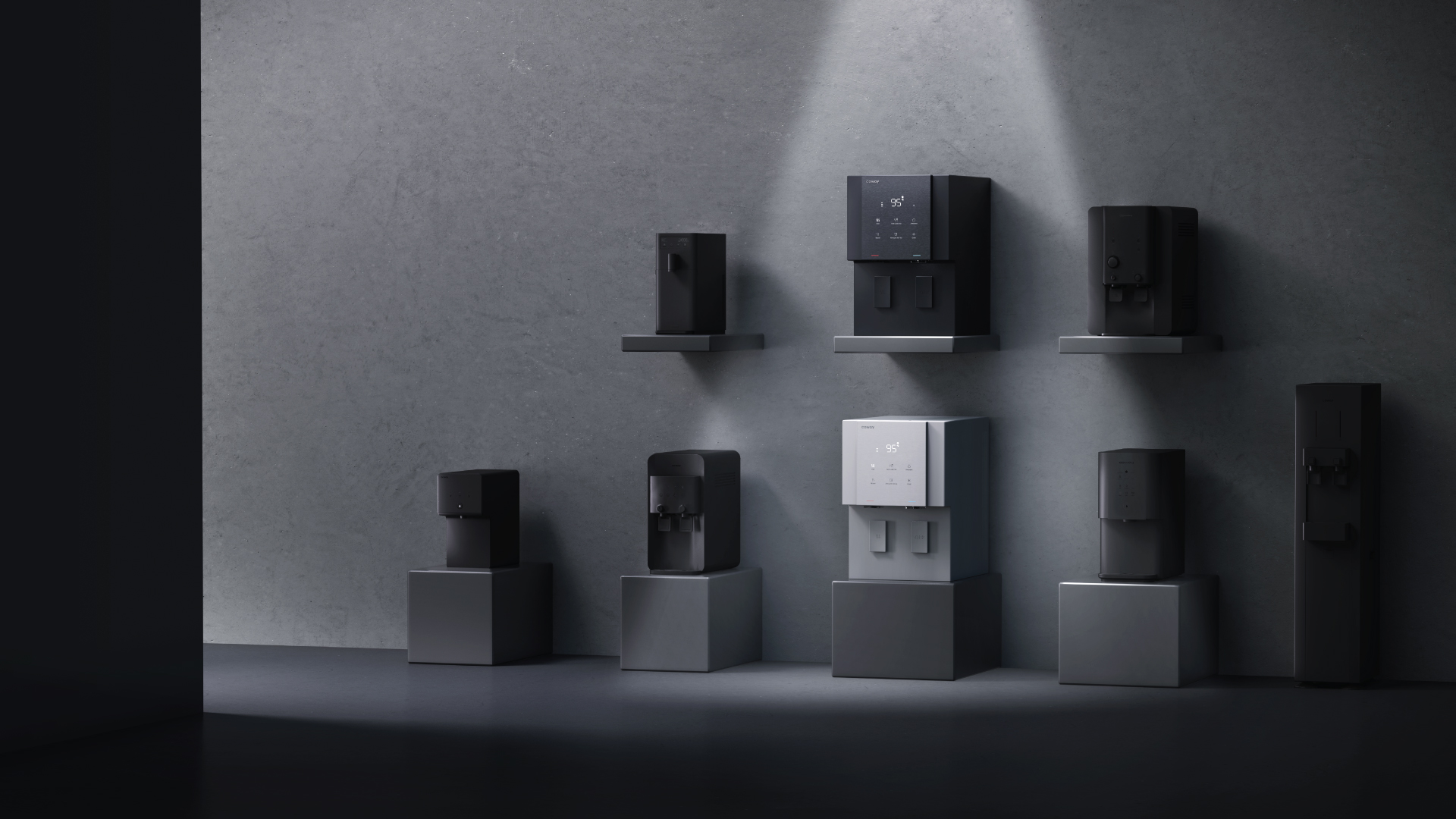 The Coway Villaem III range displayed on pedestals in a concrete studio