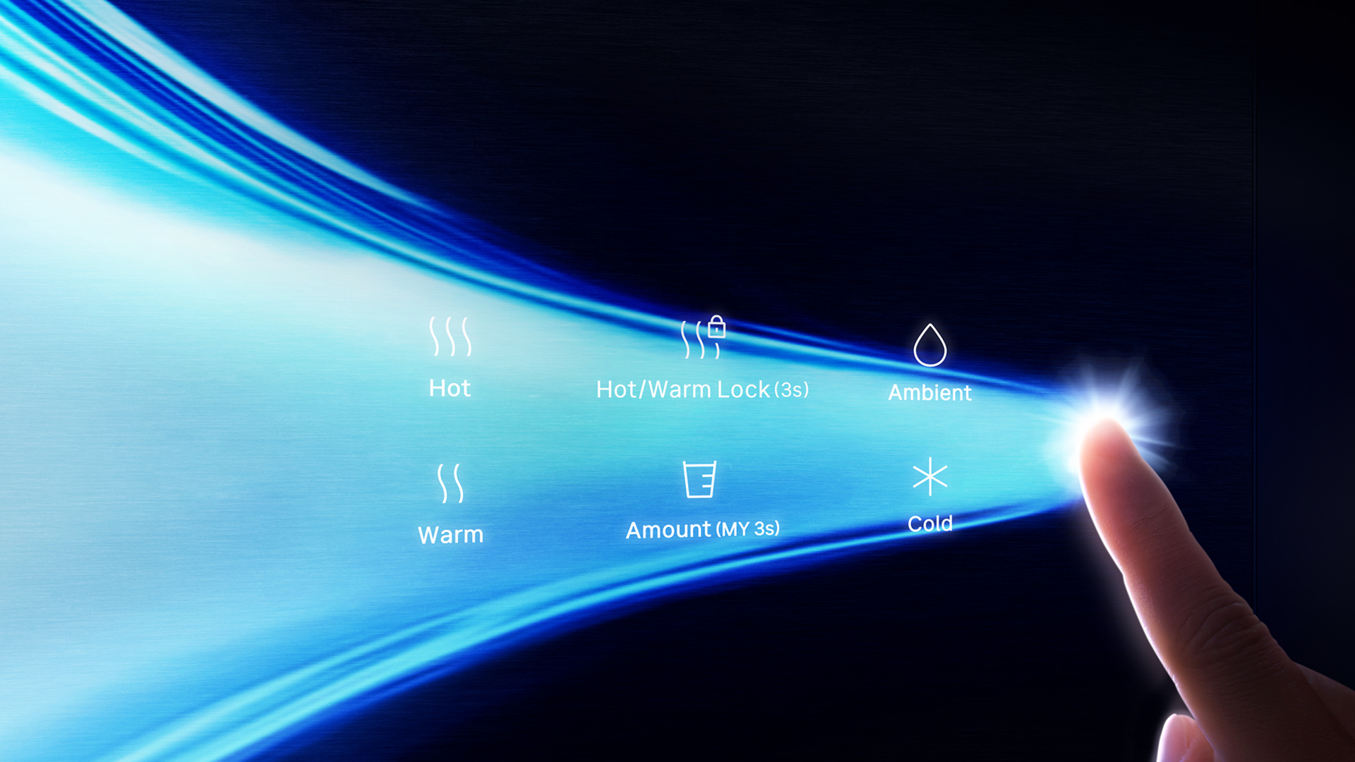 A finger touching the Coway Villaem III control panel with a stream of light